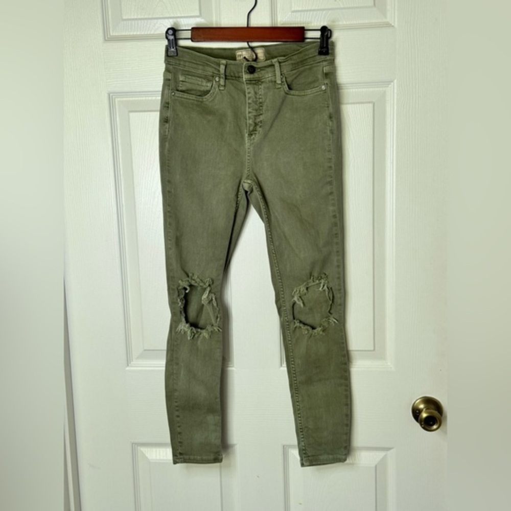 Free People High Rise Skinny Jeans Size 28 Waist Ankle Distressed Olive Green
